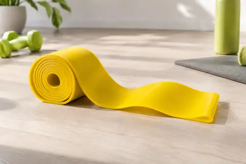 Bande plate de résistance jaune en rouleau, avec une portion déroulée sur une surface claire
