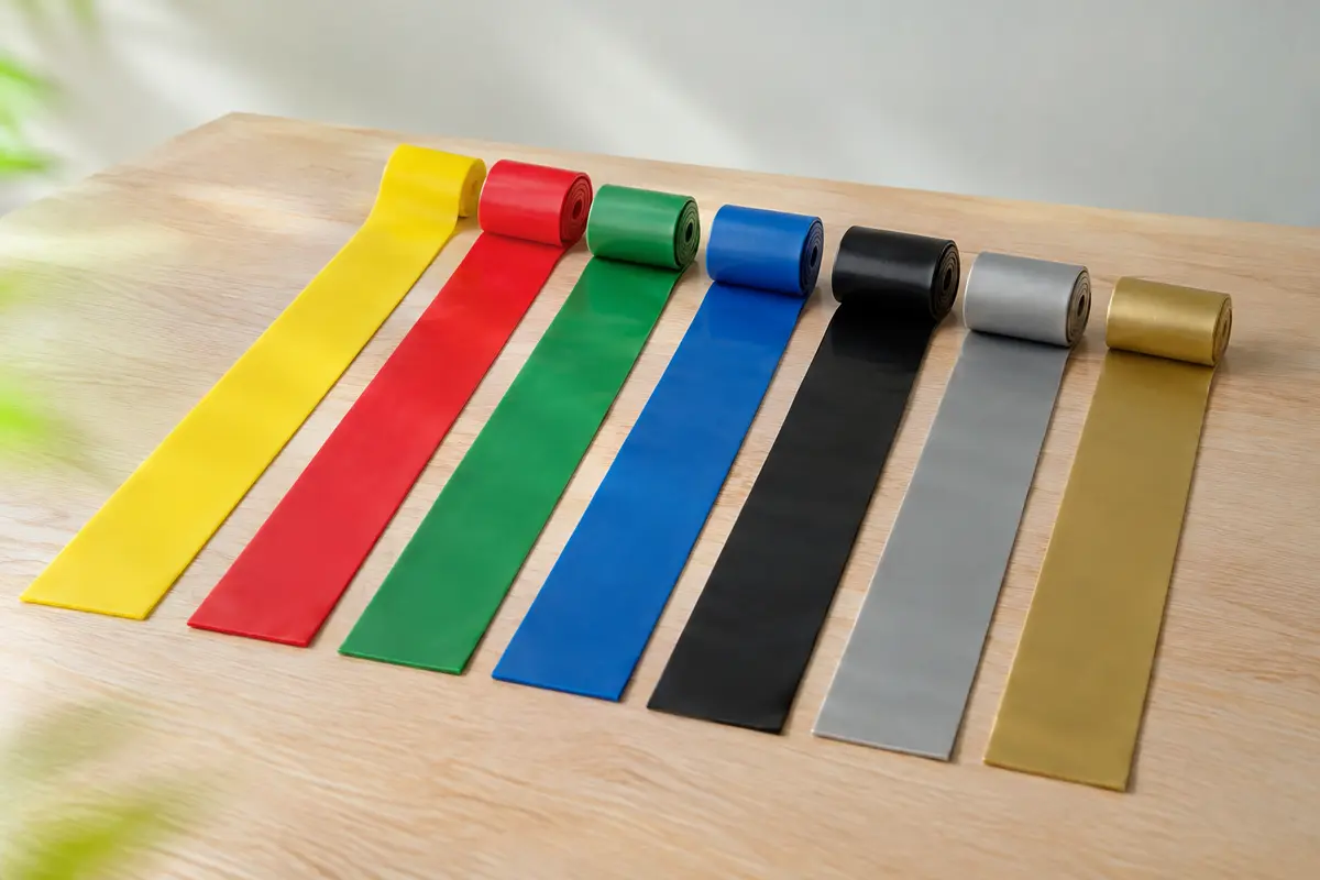 Sept longues bandes plates en latex de couleurs progressives, six roulées côte à côte et une jaune dépliée sur un bois clair.