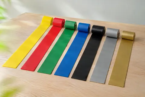 Sept longues bandes plates en latex de couleurs progressives, six roulées côte à côte et une jaune dépliée sur un bois clair.