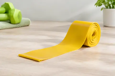 Rouleau jaune de bande plate en latex avec une portion déroulée sur une surface en bois clair