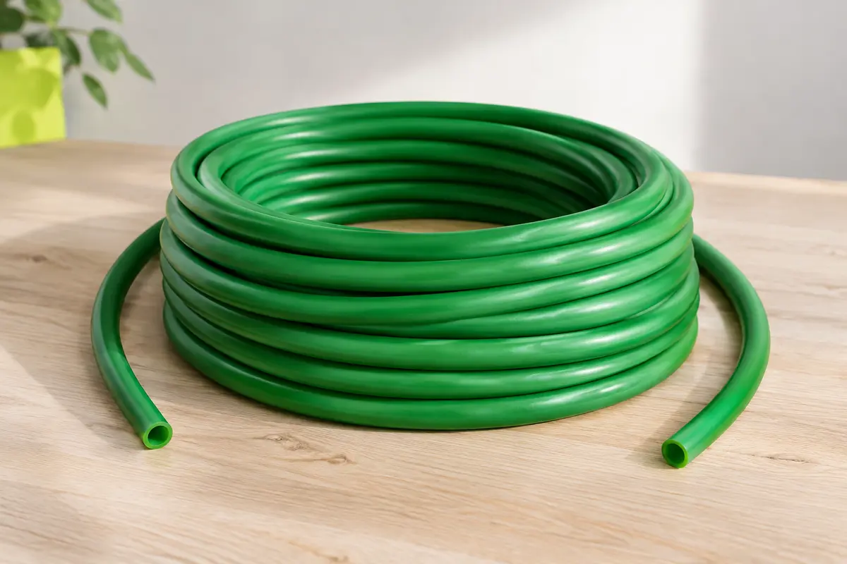 Bobine de tube élastique vert en latex enroulée en nombreuses spires, aux extrémités libres, posée sur un bois clair.
