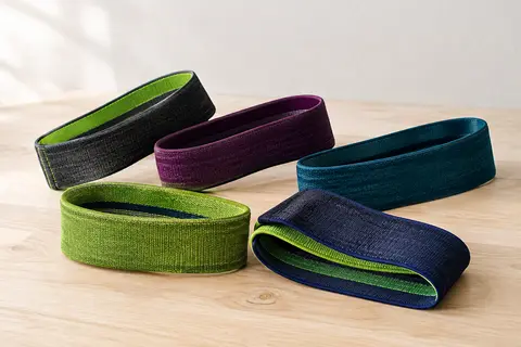 Lot de cinq mini-bandes de résistance en tissu multicolore posé sur une surface claire
