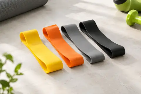 Quatre mini-bandes de résistance en boucle, jaune, orange, grise et noire, posées sur une surface claire.