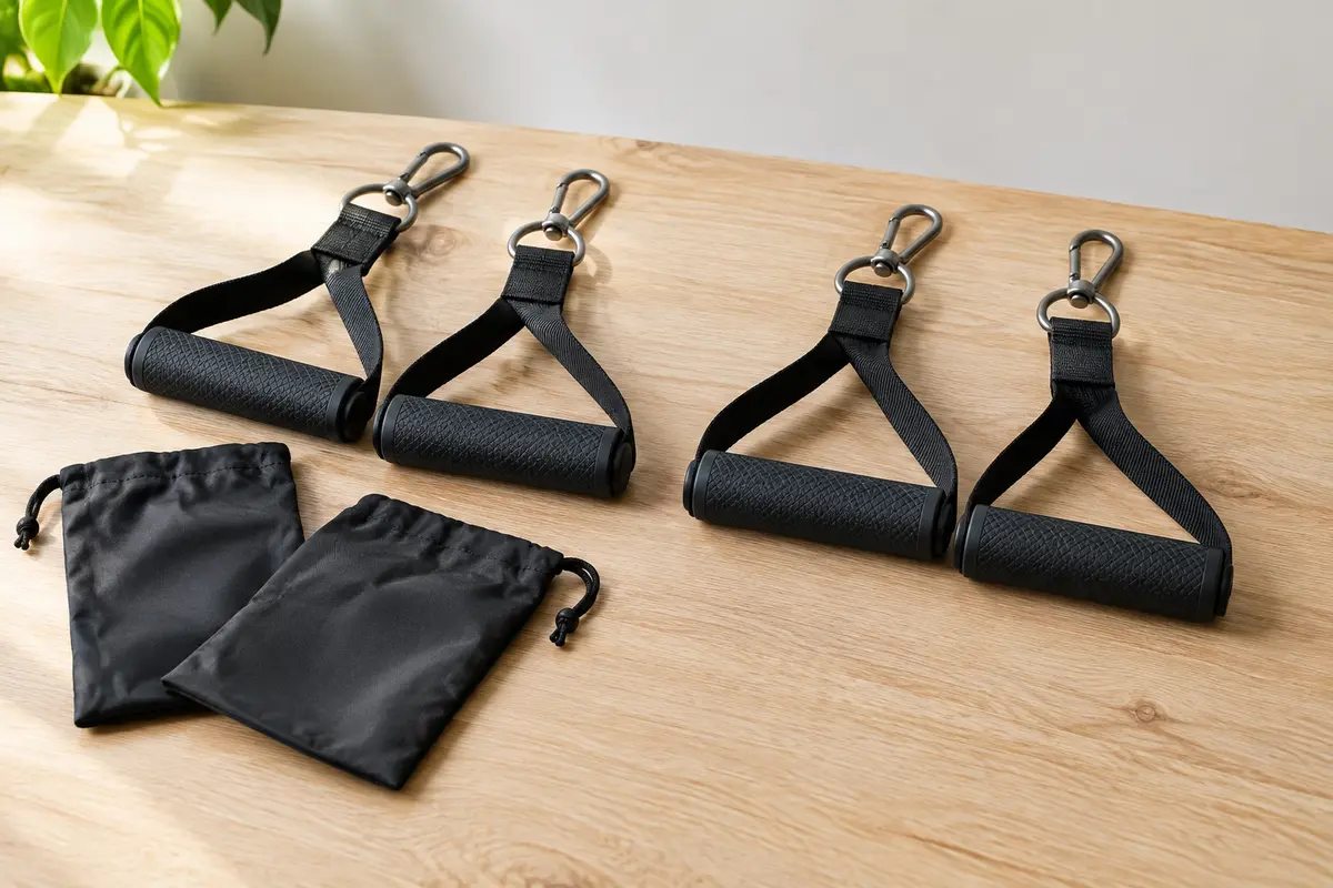 Quatre poignées de tirage noires séparées, avec sangles, anneaux en D et mousquetons, rangées en deux paires près de deux sacs noirs.