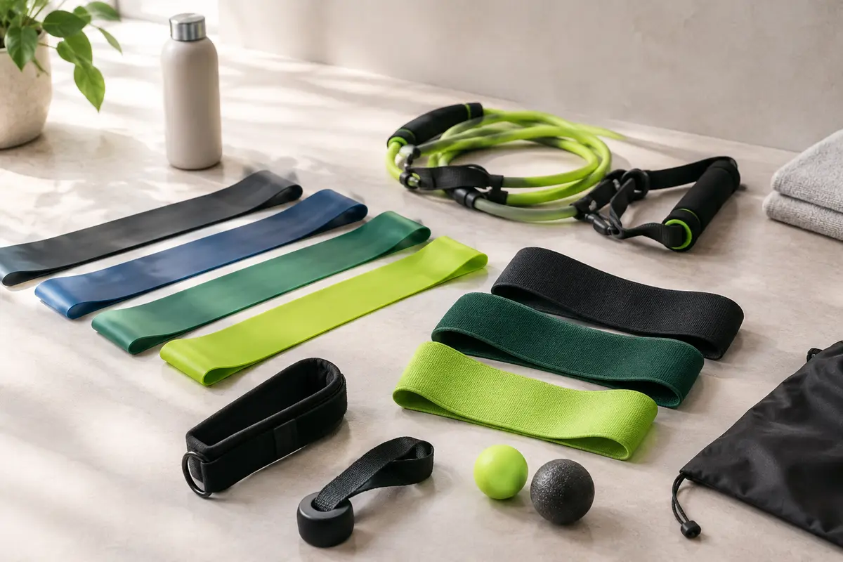 Bandes de résistance, tubes et accessoires réunis pour comparer les formats d’entraînement.